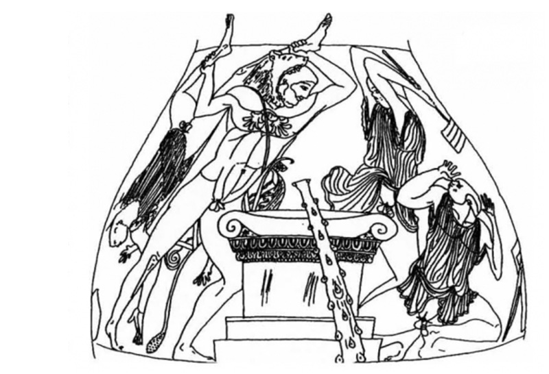 Péliké attique à figures rouges, Athènes MN 9683, d’après J.-L. Durand, Fr. Lissarrague, « Héros cru ou hôte cuit : histoire quasi cannibale d’Héraklès chez Busiris », in Fr. Thelamon, Fr. Lissarrague (éds), Image et céramique grecque, actes du colloque de Rouen, Rouen, 1983, p. 153-167