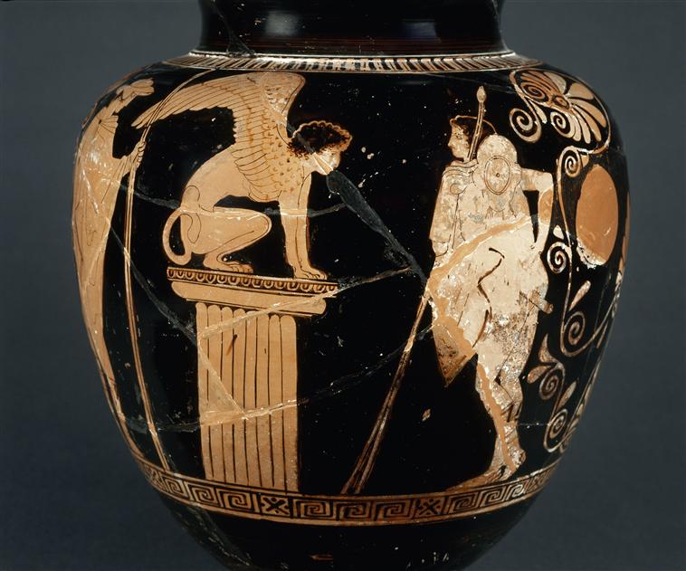 Peintre de Ménélas, Stamnos, Oedipe et le Sphinx, IVe siècle av. J.C., H. 34,5 cm ; D. 26,4 cm, Paris, Musée de Louvre  /  http://utpictura18.univ-montp3.fr/ 