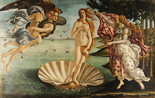  Sandro Botticelli, La Naissance de Vénus, vers 1485, tempera sur toile, 172,5 x 278,5 cm, Florence, Galerie des Offices.  Source : http://tatavo.unblog.fr/2015/09/03/oeuvres-de-botticelli/