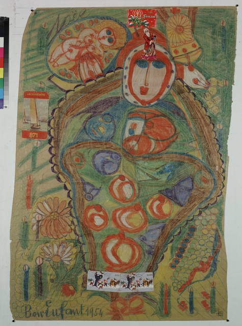 Aloïse Corbaz, Bon Enfant 1954, 1954, dessin et couture sur papier, 120 x 82 cm, Lausanne, Collection de l’Art Brut. Source :https://www.lausanne.ch/collections-musees/?collections=Collection%20de%20l%27Art%20Brut&id=69084&sort=pertinence