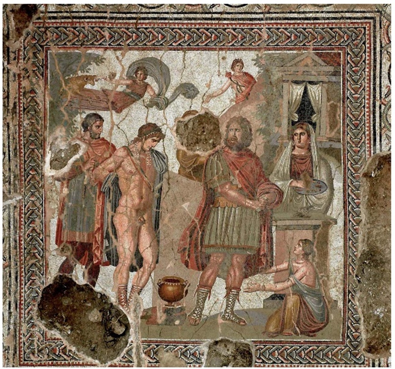 Tableau figuré du sacrifice manqué de Phrixos et Hellé, fin du IIIe s., Maison de Phrixos et Hellé, site de Lambèse-Tazoult, étudié par Amina-Aïcha Malek dans « Un sacrifice manqué à Lambèse » de la Revue archéologique n°46 en 2008.