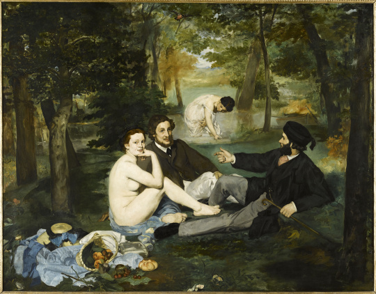  Édouard Manet, Le Déjeuner sur l’herbe, 1863, huile sur toile, 208 x 264,5 cm, Paris, musée d’Orsay.  © RMN-Grand Palais (musée d'Orsay) / Benoît Touchard / Mathieu Rabeau. Source : https://art.rmngp.fr/fr/library/artworks/edouard-manet_le-dejeuner-sur-l-herbe_huile-sur-toile_1863?force-download=710079  