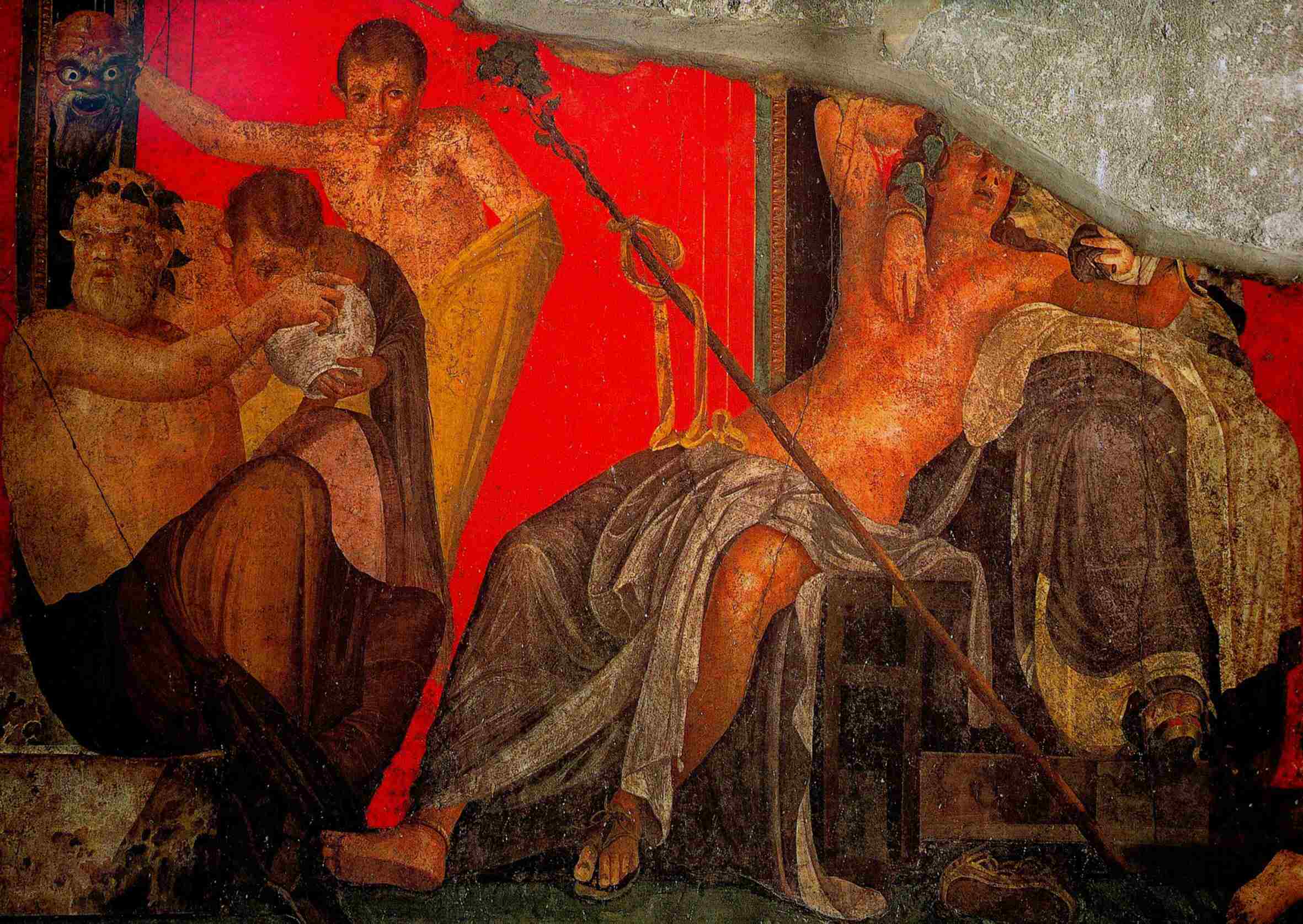Détail de la Grande fresque de la Villa des Mystères,  Les silènes, le masque et Dionysos,  Pompéi, Italie.