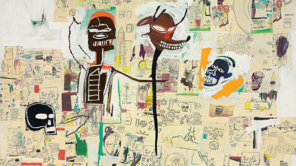 Jean-Michel Basquiat, Peter and the Wolf, 1985, acrylique, huile et collages sur toile, 254 x 289 cm, collection The Robert Lerman Revocable Trust. Source : https://www.connaissancedesarts.com/art-contemporain/loeuvre-du-mois-peter-wolf-de-jean-michel-basquiat-11120492/