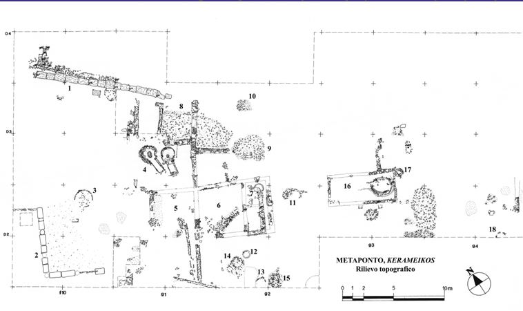 Relevé topographique des ateliers de céramiques à Métaponte, seconde moitié du VIe siècle à la première moitié du IIIe siècle av. J.-C., cliché de F. Silvestrelli. http://www.ceabernaldametaponto.it/index.php/archeologia/itinerari/232-il-quartiere-ceramico-di-metaponto-una-eccellenza-artigiana-della-magna-grecia 