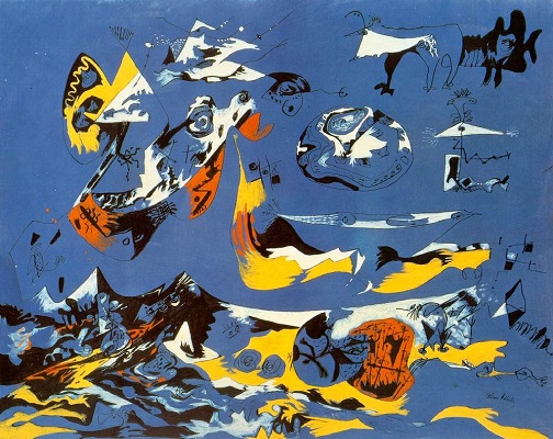 Jackson Pollock, Bleu (Moby Dick), 1943, huile sur toile, 47,5 x 60 cm, Ohara, Musée d’art d’Ohara. Source : https://www.eternels-eclairs.fr/tableaux-pollock.php  