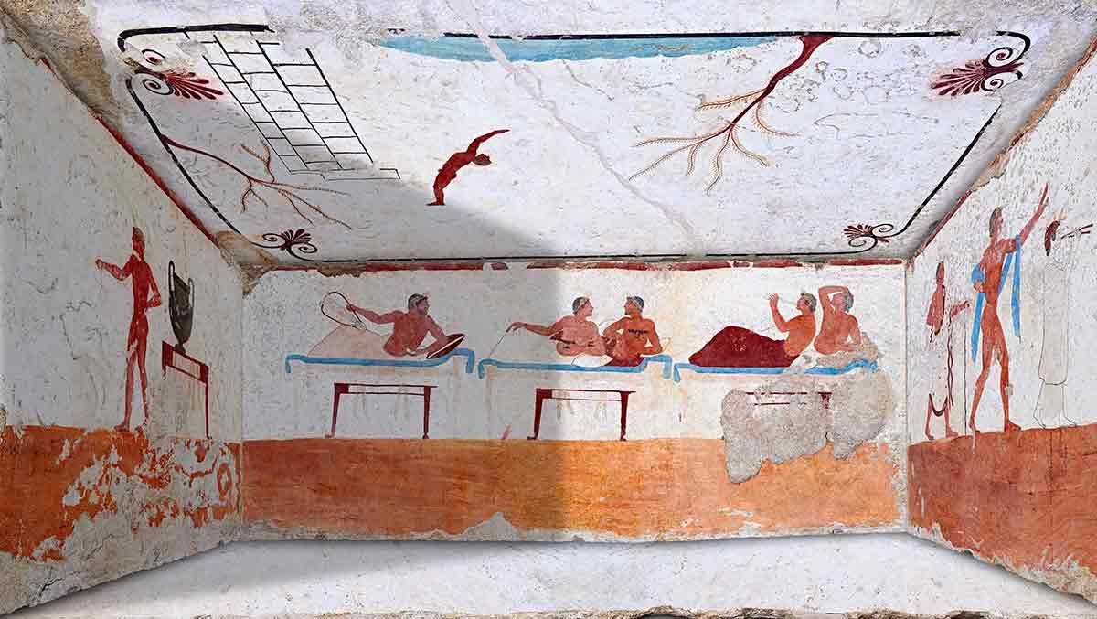 Fresque de la tombe du plongeur, 480-470 av. J.-C., découverte en 1968 par Mario Napoli dans une nécropole près de Paestum, Paestum, Musée archéologique national. http://www.lankaart.org/2020/03/tomb-of-the-diver-in-paestrum.html 