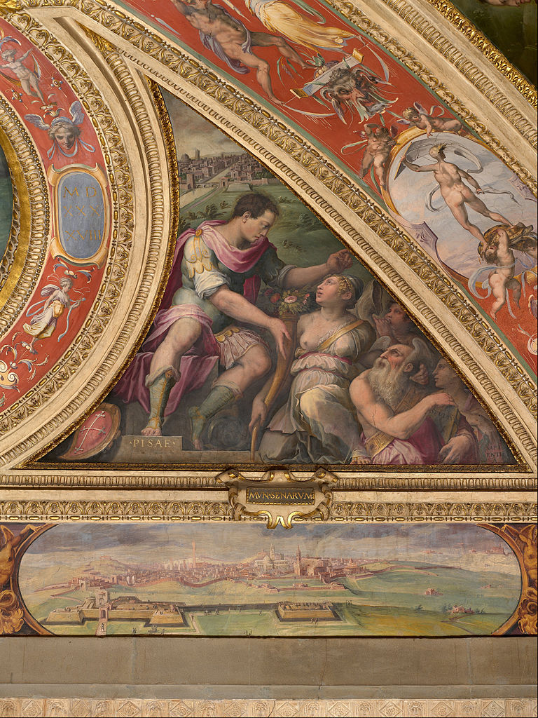 Vasari, Allégorie de Pise, 1557-1558, fresque, 27 x 24 cm, Florence, Palazzo Vecchio, Chambre de Cosme 1er. Source : https://www.rivagedeboheme.fr/pages/arts/peinture-15-16e-siecles/giorgio-vasari.html